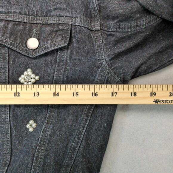 Forever 21 Embellished Black Denim Cropped Jean Jacket Women's M Pearl Gems - Picture 5 of 10